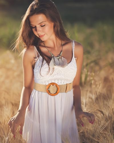 Image of WILLBOND 4 Pcs Women's Elastic Raffia Woven Belt, Boho Rattan Buckle Stretch Straw Wide Waist Belt for Dresses Jeans Pants