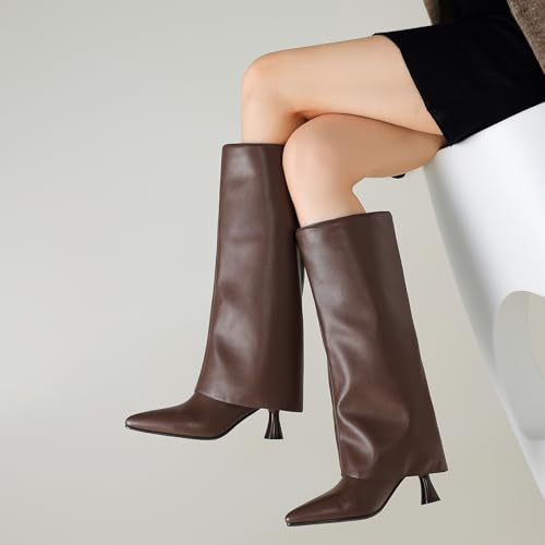 Womens Knee High Boots Fold over Shark Boots Slouchy Pointed Toe, Tall Boots Faux Leather Dress Boots