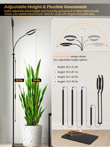 Image of 48W Grow Lights for Indoor Plants, Full Spectrum LED Plant Light with Stand | Dimmable, 3 Lighting Modes, 23 inch-79 inch Adjustable Height, Plant Growing Lamp with 3 /9 /12 /16H Timer, Black Dual Heads Floor Lamp