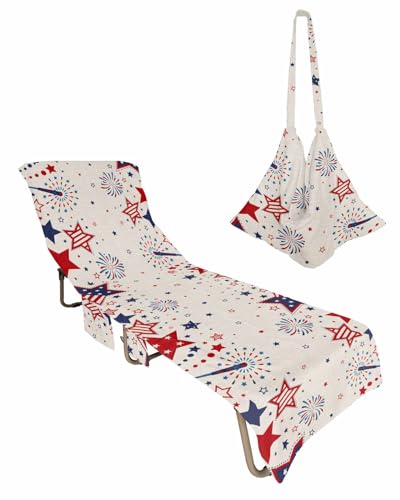 Red Blue Star 4th of July Beach Lounge Chair Towel Cover, Soft Chaise Lounge Towel with Side Pockets Patio Pool Chairs Cover for Beach/Pool Sunbathing 29x85 Independence Day Fireworks Rustic
