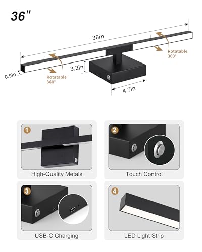 Image of Rayogale Black Battery Operated Wall Sconce with Remote Control 36 Inch | 3000 /4500 /6000K Dimmable 8000mAh Wireless Rechargeable Wall Sconces Set of Two with Timer for Living Room, Bedroom, TV