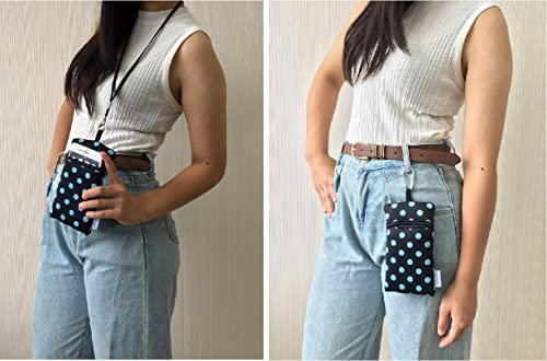 Image of Neoprene Neck Phone Sleeve Bag Pouch w / Clip (Black Turquoise Polka Dots) | Tainada small shockproof water-resistant, lightweight cellphone pocket holder carrier, w / adjustable lanyard and carabiner