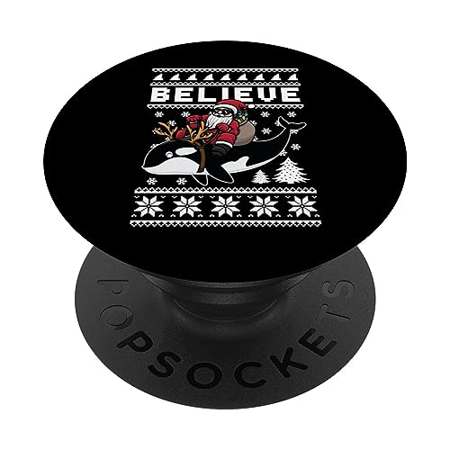 BELIEVE Santa Riding On Orca Whale Costume Funny Christmas PopSockets PopGrip Intercambiable