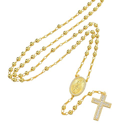 HarlemBling Solid 925 Sterling Silver - Baguette Cross Rosary Beads -14k Yellow Gold Finish - 4mm 24