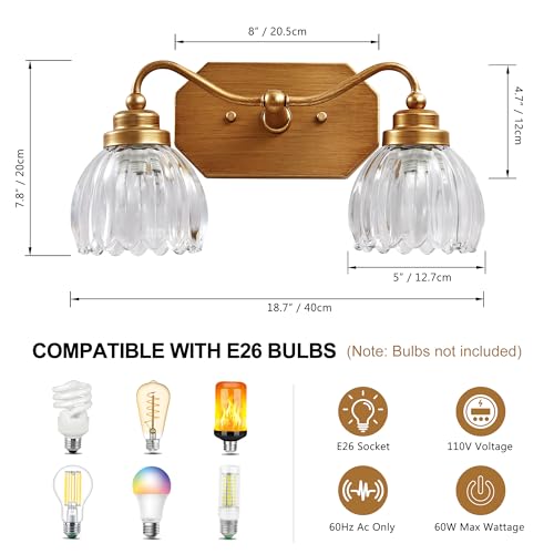 Image of Vintage Bathroom Light Fixtures, 2 Light Gold Bathroom Vanity Light, Matte Antique Brass Finish with Crystal Glass Shade, Wall Sconces Lighting for Bedroom, Living Room, Hallway