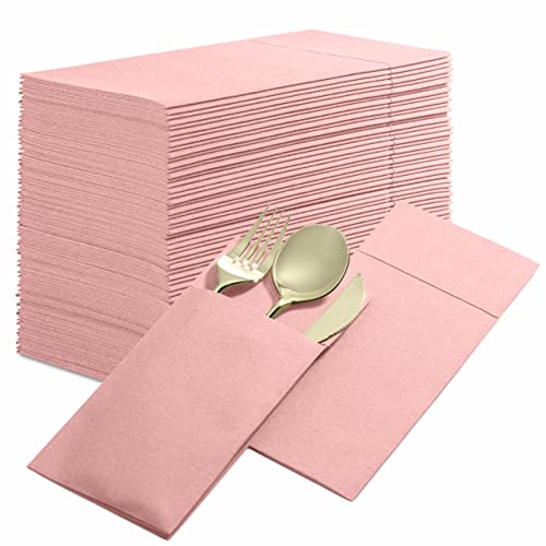 Serviettes de table aspect lin avec poche à couverts, 50 unités, rose tendre