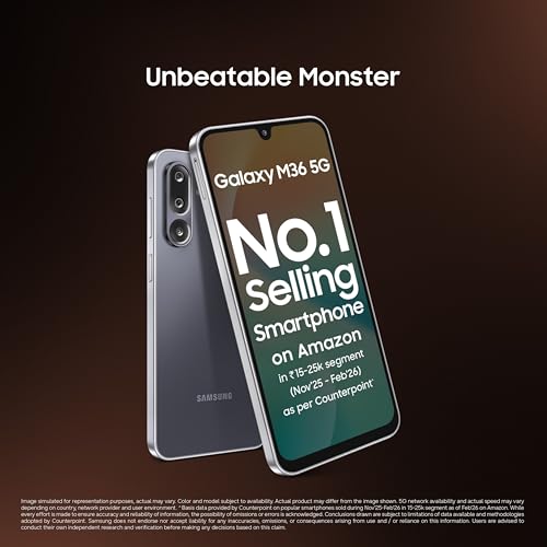 Image of Samsung Galaxy M36 5G Mobile (Velvet Black, 6GB RAM, 128GB Storage) | Google Gemini| Gorilla Glass Victus+ | 7.7mm | AI Enhanced 50MP OIS Triple Camera| Nightography| Lag-free Gaming | Without Charger