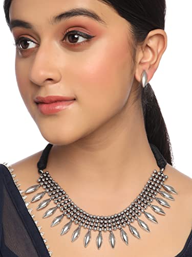 Women's Plated Geometric Choker Necklace Set, Oxidised Style