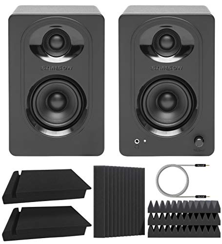 Samson MediaOne M30 3" Powered Studio Monitors for Mixers, Audio Interfaces, Computers (Pair) Bundle with Blucoil 2X Acoustic Isolation Pads, 5-FT Audio Aux Cable, and 4X 12 Acoustic Wedges