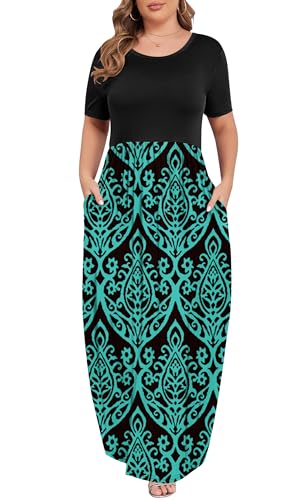 Image of KARALIN Women Plus Size Maxi Dress Short Sleeve Round Neck Loose Fit A-Line | Plus Size Long Dress,Summer Casual Maxi Dresses,Short Sleeve,Side Pockets,Round Neck,Elastic Waist,14 Plus - 26 Plus