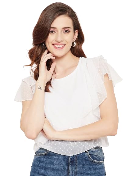 n.h.k.a. White Solid Ruffle Georgette Dobby Top-picture-23