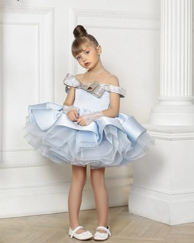 Girls Short Ruffled Pageant Gowns with Gold Bow Off-Shoulder Ball Gown Christmas Party Dresses4