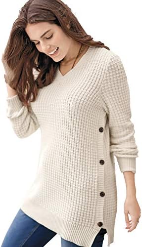 Woman Within Women's Plus Size Side Button V-Neck Waffle Thermal Knit Sweater Pullover - 18/20, Ivory Beige