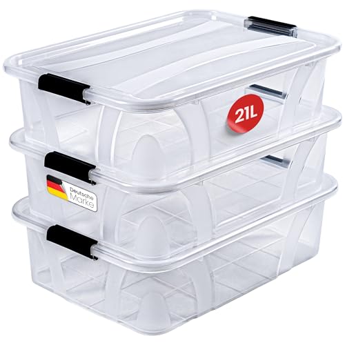 KONZEPT Aufbewahrungsbox mit Deckel (21L-3er Set), BPA-frei, robuster Verschlussclips