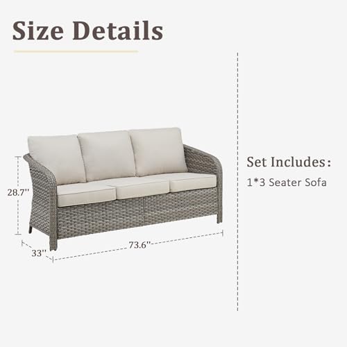 Belord 73\" Wicker 3-seat Patio Sofa Couch, All Weather Outdoor Rattan Wicker Sofa High Back Couch with Wide Armrest, Comfy Cushion, Patio Conversation Set for Deck Backyard Garden(Grey/Beige) - Thumbnail 2