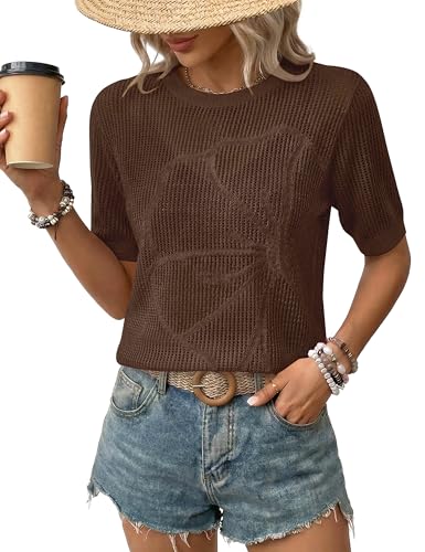 LaGracia Womens Short Sleeve Crochet Sweater Summer Crochet Tops Lightweight Hollow Out Crewneck Pullover Beach Coverup Coffee M