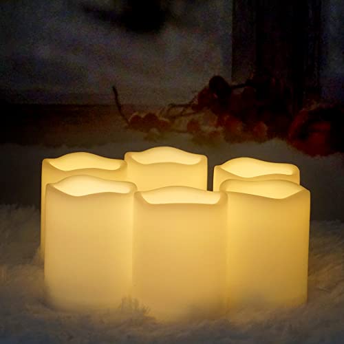 Image of CANDLE CHOICE Waterproof Outdoor Battery Operated Flameless Candles Remote Timer White Plastic Realistic Flickering Fake Electric LED Pillars Lantern Garden Wedding Christmas Decorations 3 inchx4 inch 6 Pack