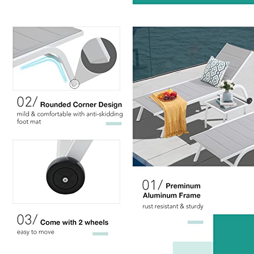 Patiorama Outdoor Patio Chaise Lounge Chair Set Of 3, White Aluminum Textilene Padded Adjustable Recliner W/Wheels, Side Table, Pool Lounger All Weather For Yard, Beach, Balcony (Light Grey) #TOP5