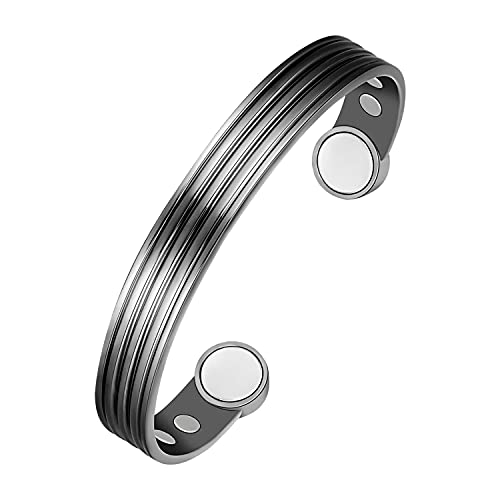 Jeracol Pulseras magnéticas de cobre para mujeres y hombres, pulseras magnéticas de estilo a rayas con 6 imanes, brazalete ajustable con caja de regalo (plata)