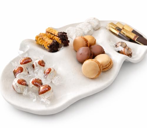 Terra Wave Handmade Ceramic Cheese Board, Serving Platter, Organic shape, Modern Charcuterie and Appetizer Plate, Premium Artisanal Tableware, Mediterranean Design, Premium gift (Pebble White)