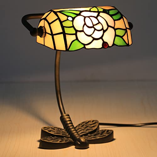 Lámpara de banqueros de estilo Tiffany con vitral, diseño retro clásico de peonía, elegante iluminación de escritorio para el hogar, oficina, lámpara de acento vintage