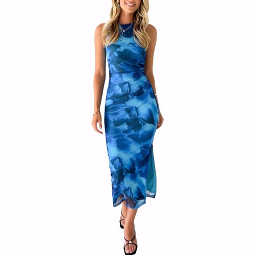 Image of Bodycon Mesh Dresses for Women Sleeveless Midi Floral Tie Dye Dress Side Slit Wedding Cocktail Party Dresses