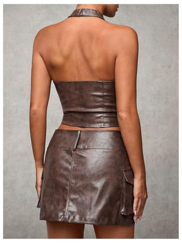 WDIRARA Women's PU Leather Cargo Skirt Retro Low Waist Button Mini Skirt with Flap Pockets2