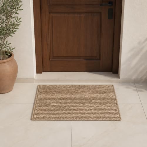 Image of Handmade Cotton Braided 40x60 cm Doormat Rug - Washable, Low Pile Reversible Floor Mat for Bedroom, Kitchen, Entryway & Living Room - Eco-Friendly Woven Carpet - (Beige Mix, Rect)