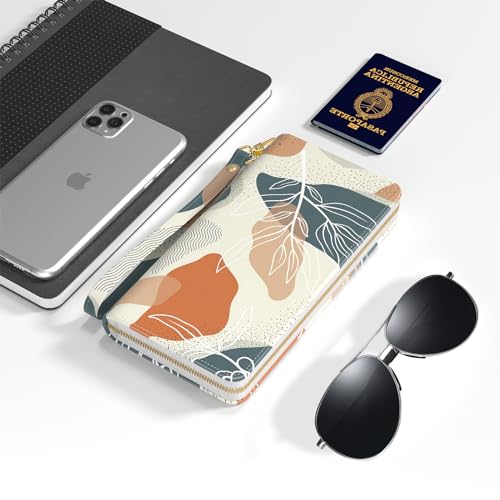 Image of Nipichsha Womens Wallet, RFID Wristlet Wallet for Women, Cute Ladies Purse, Large Credit Card Clutch Wallets, Leather Card Holder Wallets with Zipper & Phone Holder, Abstract Boho Leaf