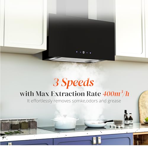 FIREGAS Campana Extractora 60 cm， Ahorro de Energía Motores sin Escobillas,Cristal Templado Negro,Succión 350m³/h,Táctil,3 Niveles de Potencia, Luz y Filtro de Carbono - imagen 3
