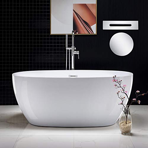 WOODBRIDGE 59' Acrylic Freestanding Bathtub Contemporary Soaking Tub, White Acrylic (Chrome...