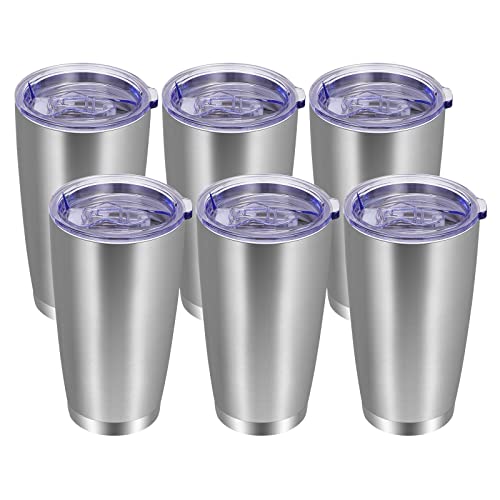 VEGOND 20oz Tumbler with Lid and Straw Stainless Steel Tumbler Cup Bulk Vacuum Insulated Double Wall Travel Coffee Mug Powder Coated Coffee Cup(Stainless 6 Pack