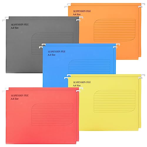 10Pcs A4 Suspension Files Filing Cabinets Suspension Files with Tabs and Card Inserts, 5 Colors A4 Hanging Filing Storage Folders for Office Paperwork Home School Organization