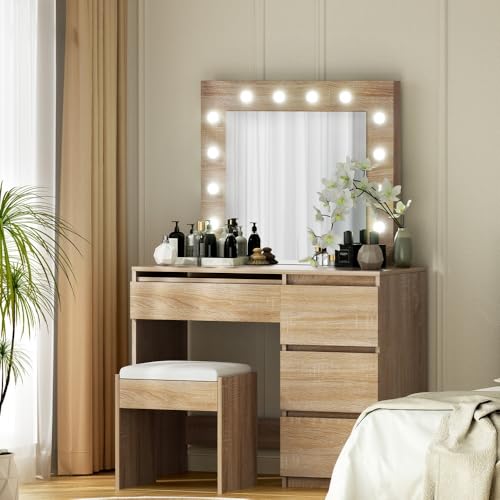 Artiss Dressing Table, 12-Bulb LED Mirror Makeup Stool Set Wooden Vanity Desk Chair, Home Bedroom Furniture Girls Kids Women Organisers, Drawers Wide Tabletop, Wood