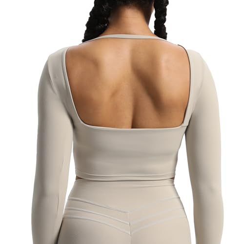 Aoxjox Long Sleeve Crop Tops for Women Square Hollow Back Workout...