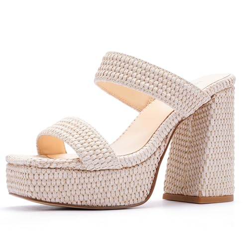 Modatope Platform Heels for Women Square Open Toe Chunky Heel Platform Sandals Two Strap Slip On Heels Wedding Party Dress Shoes