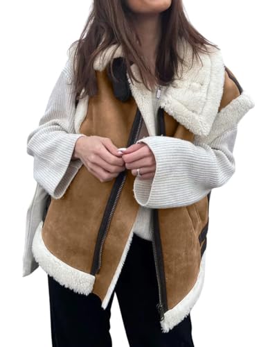 loveimgs Women's Winter Warm Suede Sherpa Leather Vest Jacket Zip