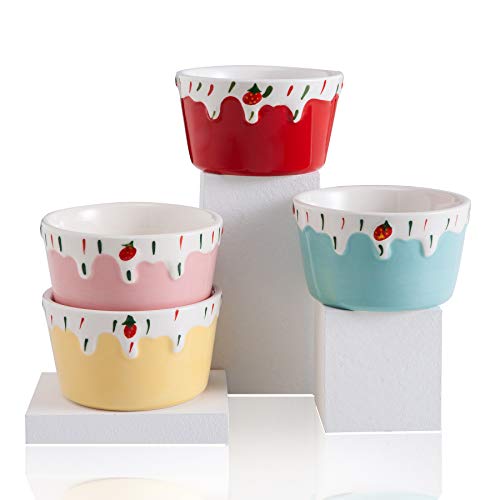 Ceramic Souffle Dishes Ramekins Dish Dessert Bowls, Jemirry 3.5 inch Ice Cream Strawberry Style Ramekins Bowls for Cupcake Pudding Creme Brulee Baking, Colorful-set of 4