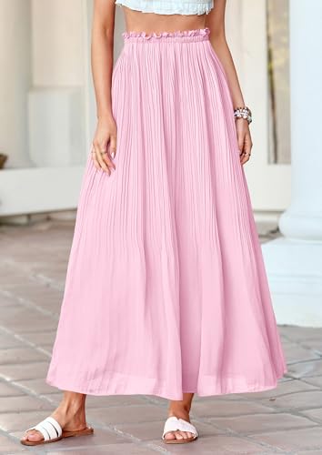 PRETTYGARDEN Pleated Midi Skirts for Women 2026 Flowy Summer Beach Vacation High Waisted Chiffon Boho A-Line Long Skirt(Pink,XX-Large) — view 2
