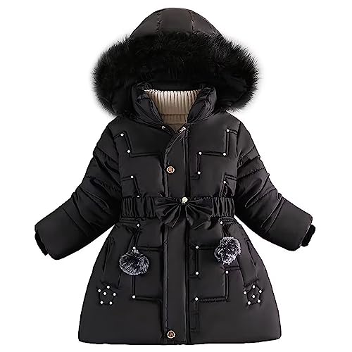 linboo Doudoune Fille Princesse Manteau Hiver Blouson Polaire Veste Enfant Chaude à Capuche Fourrure Epaisse Parka avec Perles Cloutées, Noir, 4-6 ans