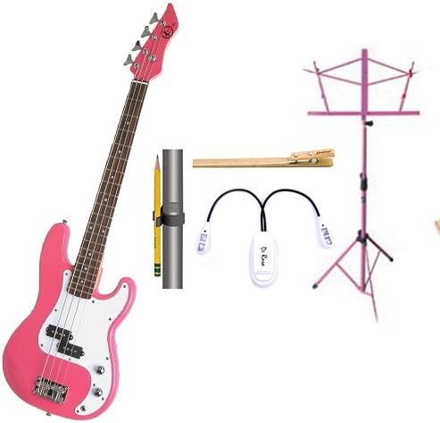It's All About the Bass Pack-Pink Kay Electric Bass Guitar Medium Scale w/Pink Music Stand and Music Stand Accessory Pack
