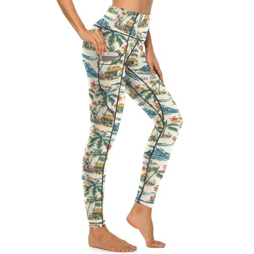 Pantalon de yoga avec poches et imprimé plage hawaïenne pour femme