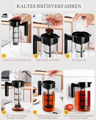 JanYoo Cold Brew Kaffeebereiter 1200ml, Cold Brew Coffee Maker mit Feinstfilter, Brühglas Karaffe mit Anti-Rutsch Henkel, Ausguss Karaffe für Eiskaffee, Eistee