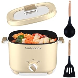 Audecook Hot Pot Electric, 2.5L Portable Nonstick Multicooker, Honeycomb Texture Coating, Travel Mini Electric Skillet with Dual Power Temperature Control for Steak/Egg/Noodles/Soup/Oatmeal (Beige)