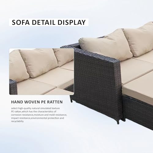 GadgetHaven Garden Corner Sofa Furniture, 4-Seater All-Weather Rattan Corner Sofa Set w/Tempered Glass Coffee Table,Ottoman - L-Shaped Patio Garden Furniture (Brown Rattan+Light Brown Cushion)-YXL-2 3 GadgetHaven Garden Corner Sofa Furniture, 4-Seater All-Weather Rattan Corner Sofa Set w/Tempered Glass Coffee Table,Ottoman - L-Shaped Patio Garden Furniture (Brown Rattan+Light Brown Cushion)-YXL-2 - Image 3