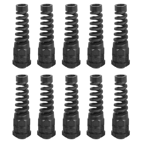 sourcing map 10Pcs Waterproof Cable Gland, M12 Nylon Spiral Strain Pigtail Cord Joint with Gasket for 3-6.5mm Wire Thread Cable Fixing and Appliances, Black