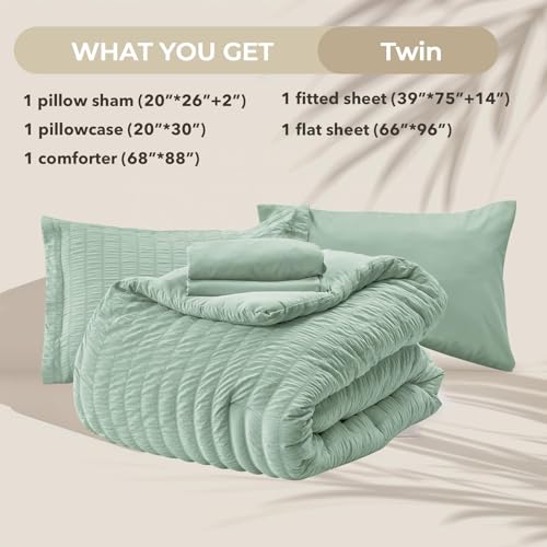 HYMOKEGE Sage Green Twin Comforter Set Seersucker 5 Pieces, All Season Luxury Bed in a Bag for Bedroom, Bedding Set with Comforters, Sheets, Pillowcase & Sham by HYMOKEGE - Image 5