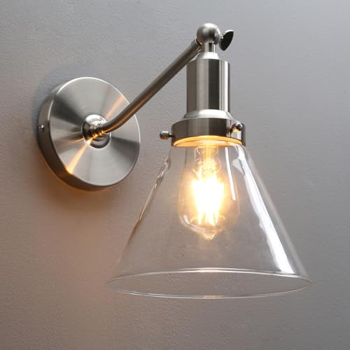 Image of PERMO Industrial Vintage Slope Pole Wall Mount Single Sconce with Funnel Flared Clear Glass Shade Brushed Wall Sconce Light Lamp Fixture