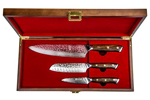 Foto von Stallion 3er Messerset Damast mit Edlem Ironwood Griff - Hochwertiges Damastmesser Set aus Kochmesser, kleines Santokumesser und Officemesser - Küchenmesser aus Damaststahl