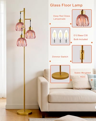 Image of Lightdot 65'' Glass Floor Lamp Dimmable Gold with Deep Red Lotus Glass Shade & 3000K Bulbs Included 3-Lights Modern Tall Standing Lamp with 5Lbs Heavy Base for Living Room /Bedroom /Sofa /Corner Decor